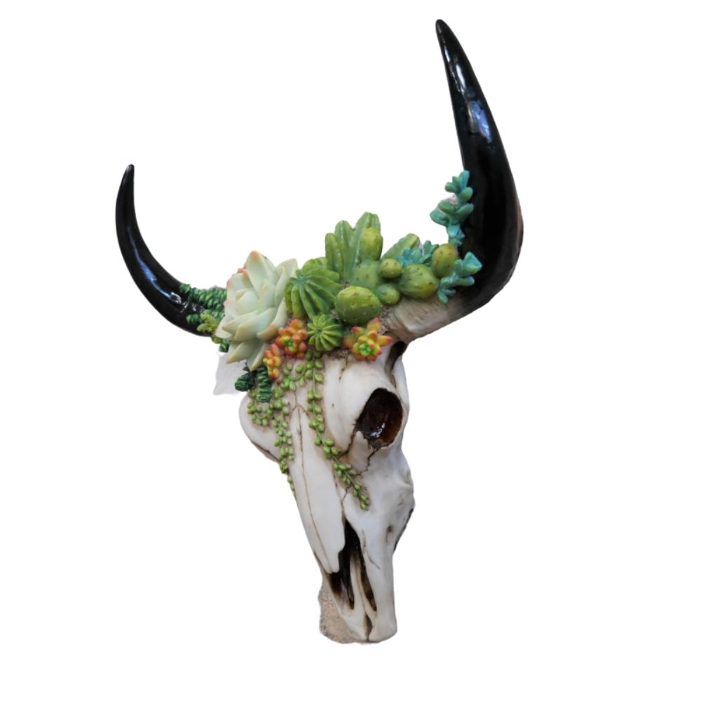 Faux Bison Skull Wall Head With Succulents | 43cm