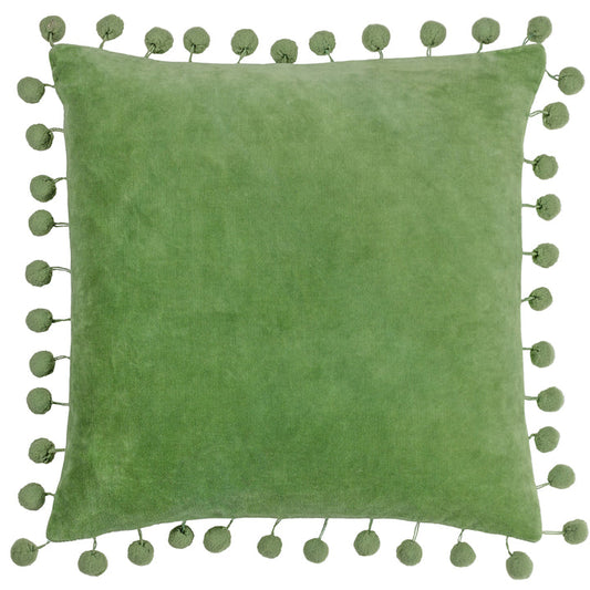 Polly Velvet Pom Pom Cushion, Green