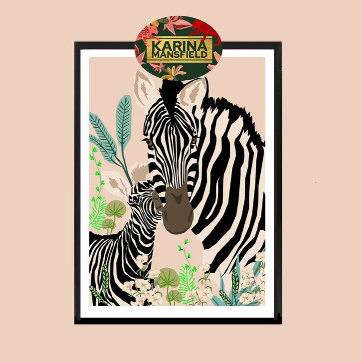 Zebra Love unframed art print with a nude background