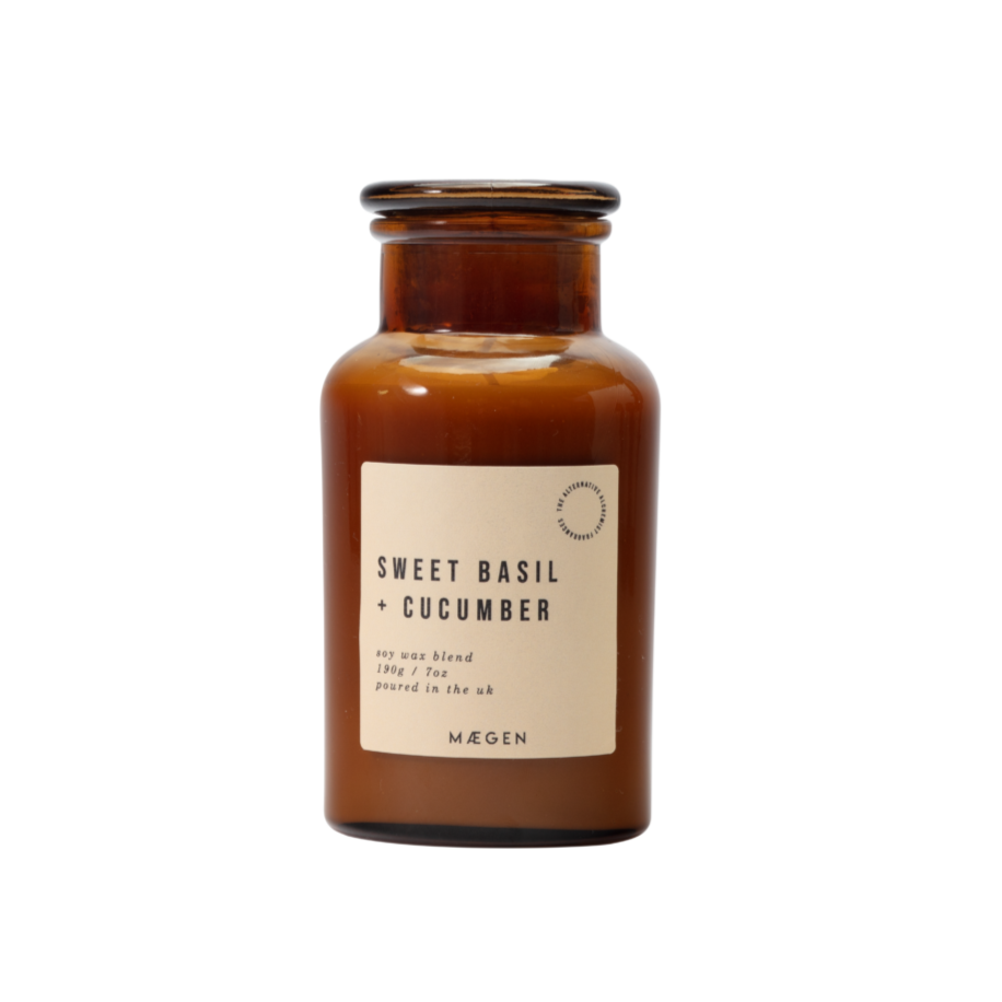 Sweet Basil & Cucumber Maegen Alchemist Soy Wax Candle in an Apothecary Style Amber Jar