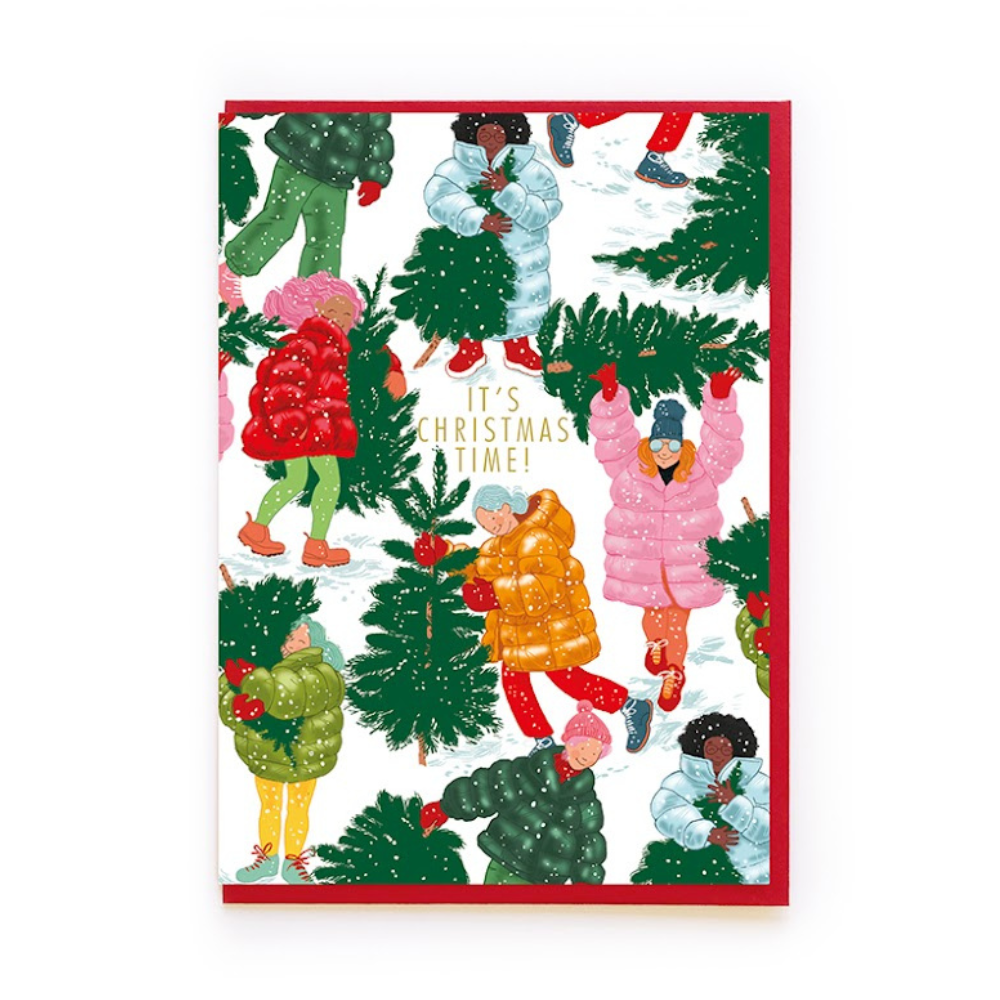 Christmas Tree Picking in Puffer Coats Card