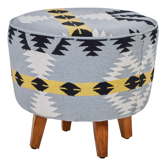 Boho Inspired Navajo Meets Scandi Style Foot Stool featuring Geometric Patterns and Mango Wood Tapered Legs