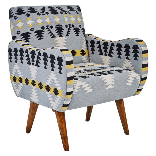 Boho Inspired Navajo Meets Scandi Style Arm Chair featuring Geometric Patterns and Mango Wood Tapered Legs
