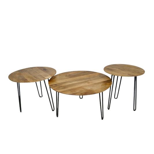 Set of 3 Mango Wood Side Tables with Varying Heights and Metal Hairpin Legs