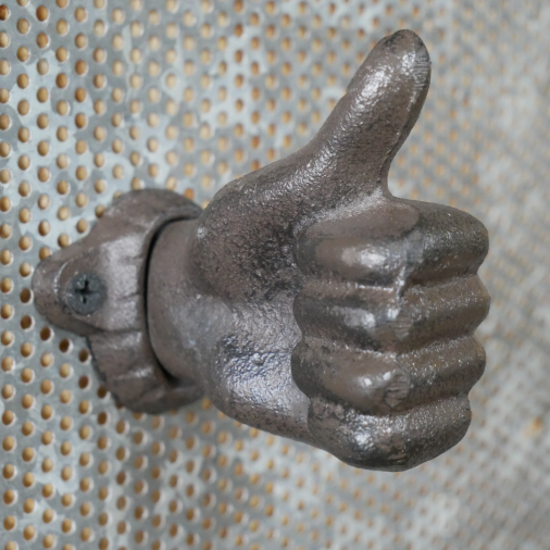 Cast iron thumbs up hook for mounted to a mesh wall