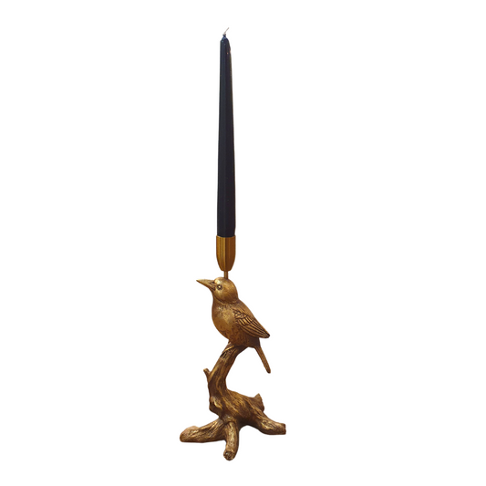 Gold Bird perched on a branch candle stock holder with black tapered candle