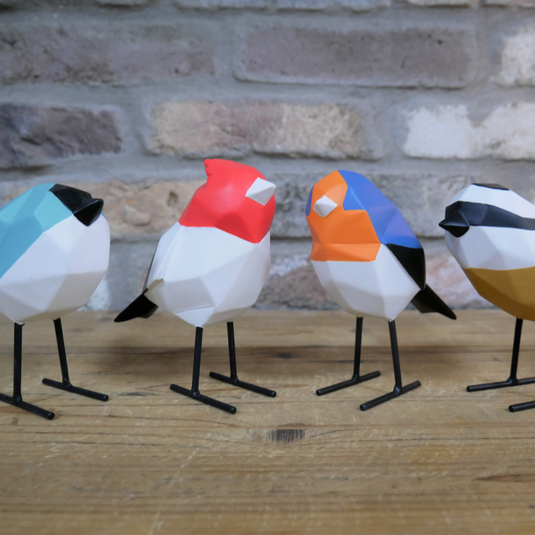 Hand painted Geometric Bird Ornaments in bright and bold colours made from resin with metal legs