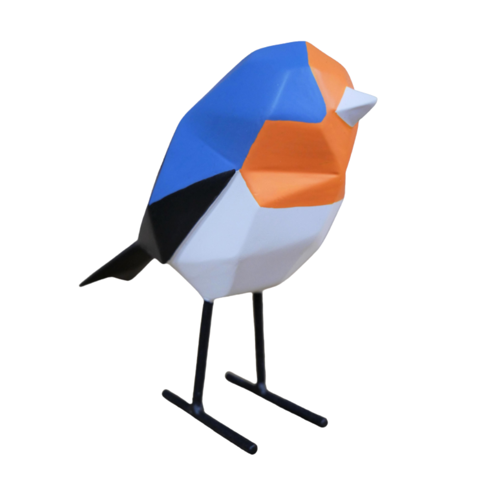 Hand painted Blue & Orange Geometric Bird Ornament with metal legs