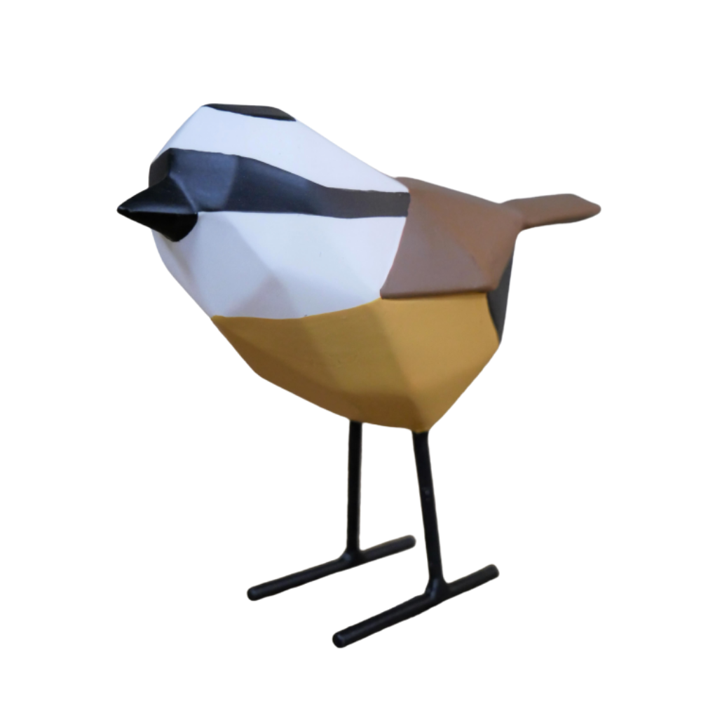 Hand painted brown & mustard Geometric Bird Ornament with metal legs