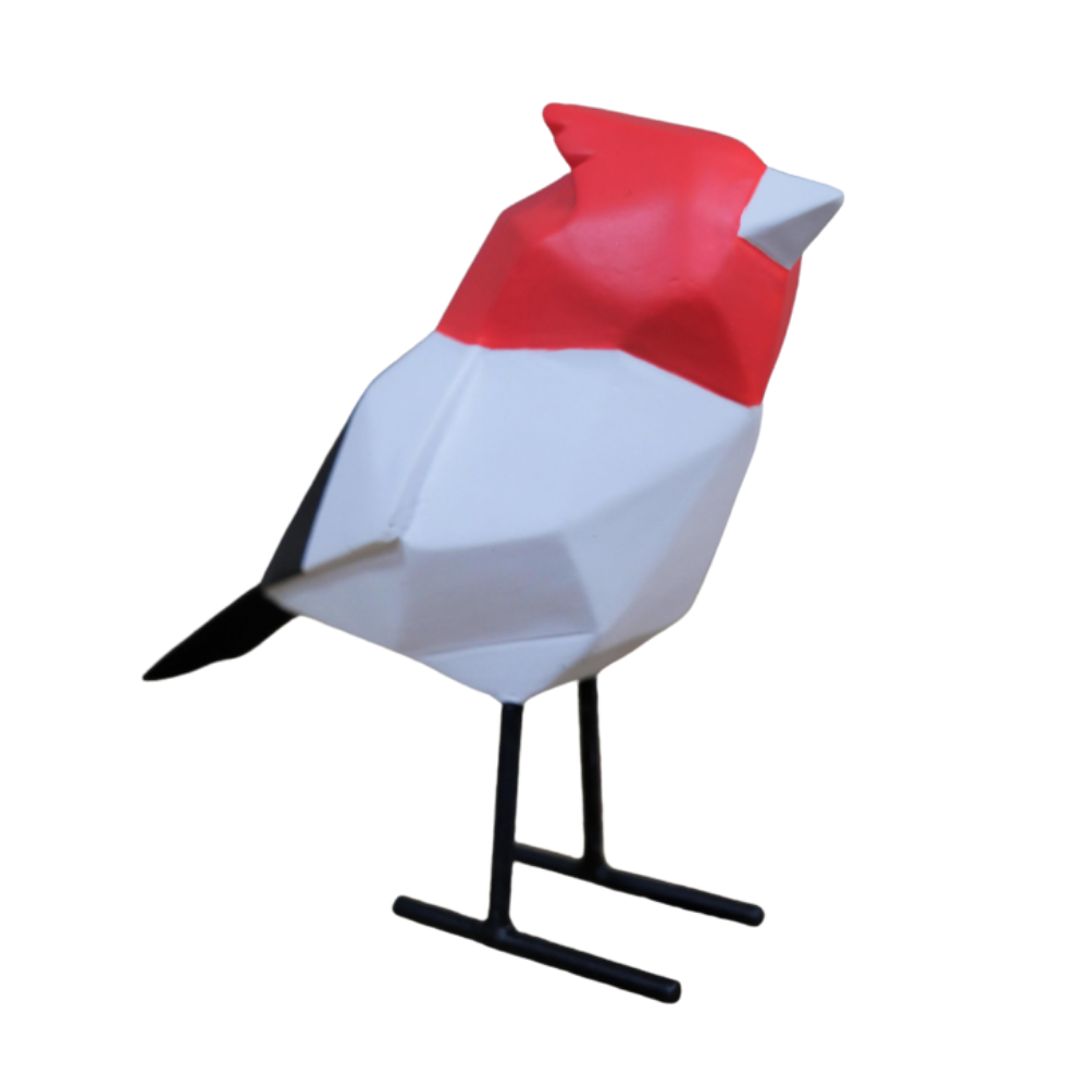 Hand painted Red & White Geometric Bird Ornament with metal legs