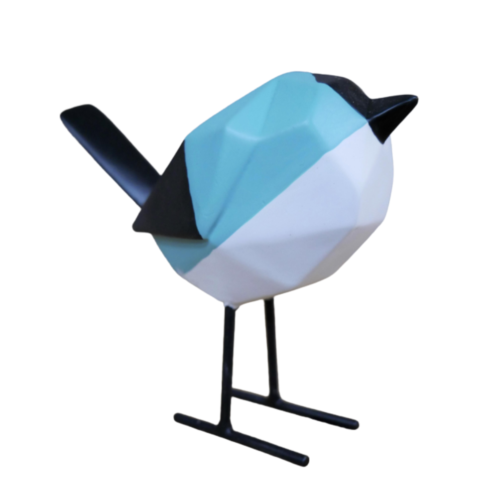 Hand painted Blue & Black Geometric Bird Ornament with metal legs