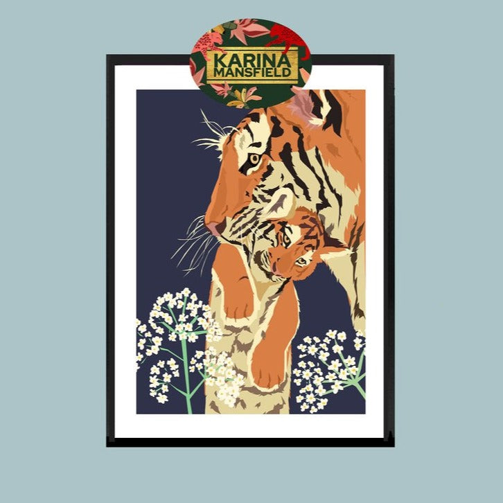 Tiger carrying her cub unframed art print with blue background