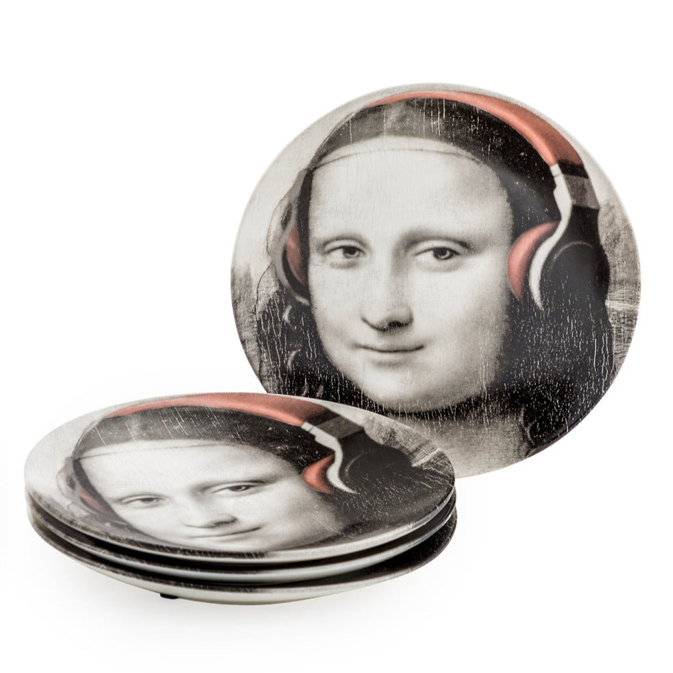Black & White Mona Lisa With Headphones 18.5cm Ceramic Plate