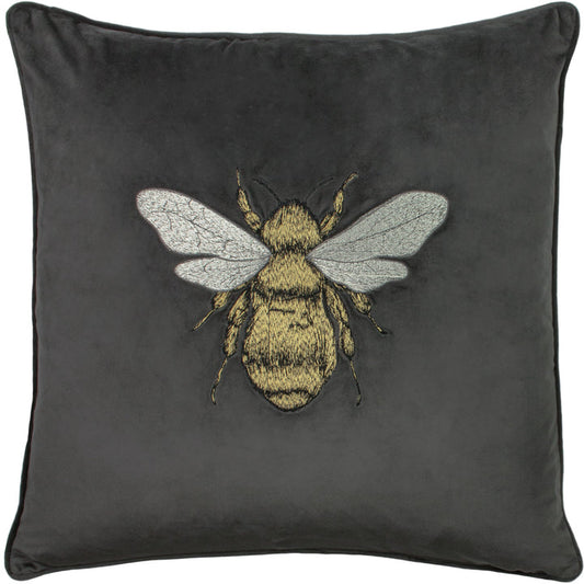 Embroidered Bee Cushion | Charcoal Grey