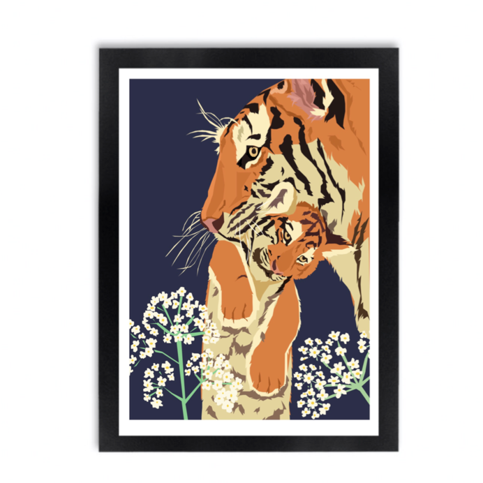 Tiger carrying her cub unframed art print with blue  background