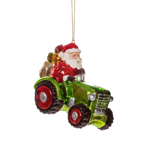 Santa on a Tractor Shaped Glass Bauble