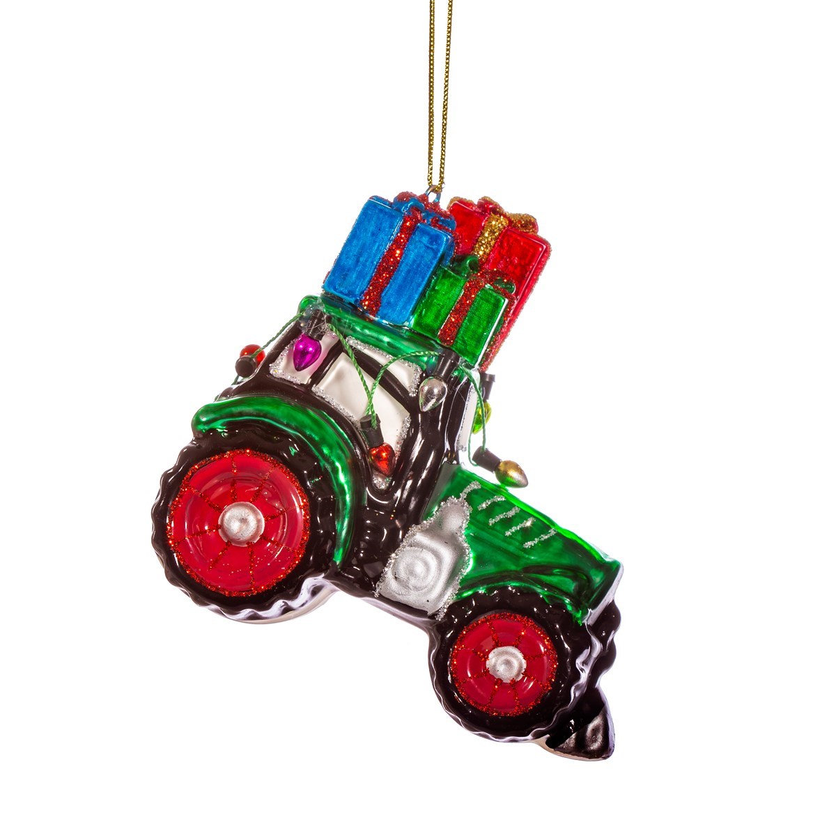 Green Tractor With Gifts Shaped Glass Bauble