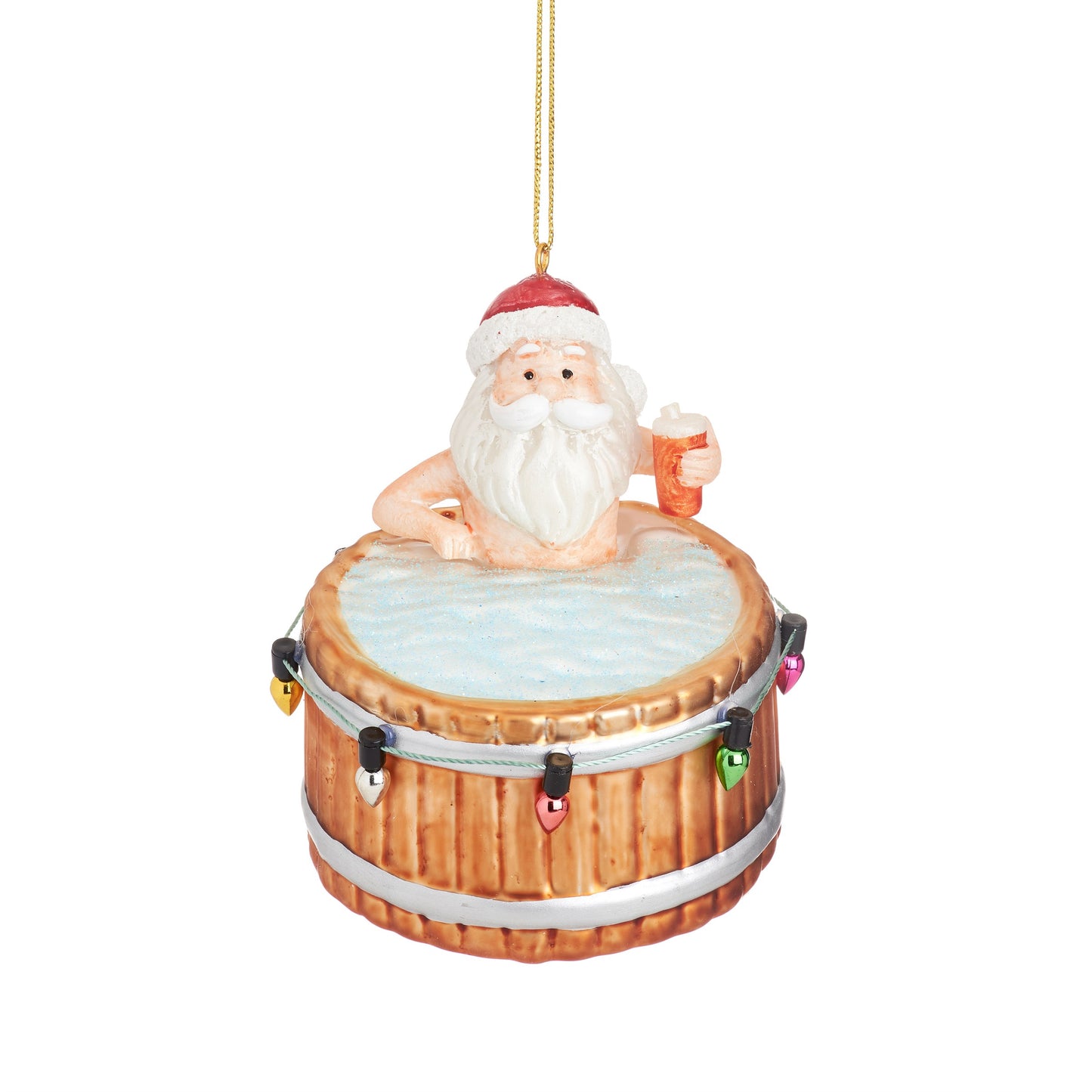 Santa In A Hot Tub Shaped Glass Bauble
