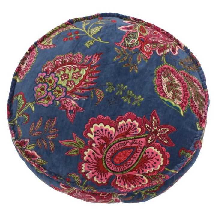 Exotic Flower Round Velvet Cushion, Smoke Blue