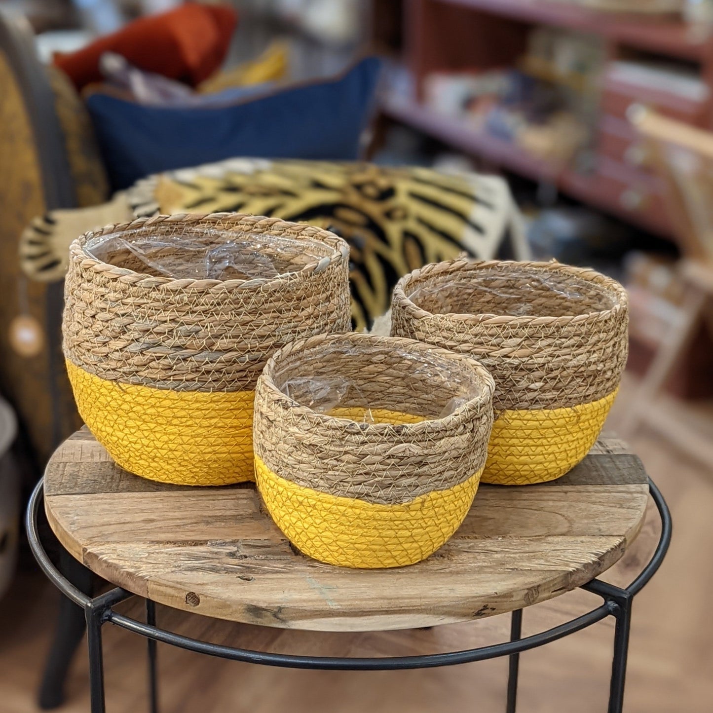 Woven Seagrass Basket Planters with Sunny Yellow Block Colour
