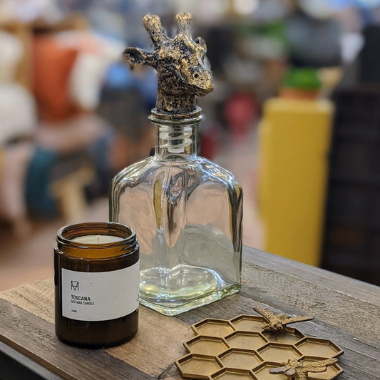 Glass Decanter Bottle with Gold Giraffe Head Stopper