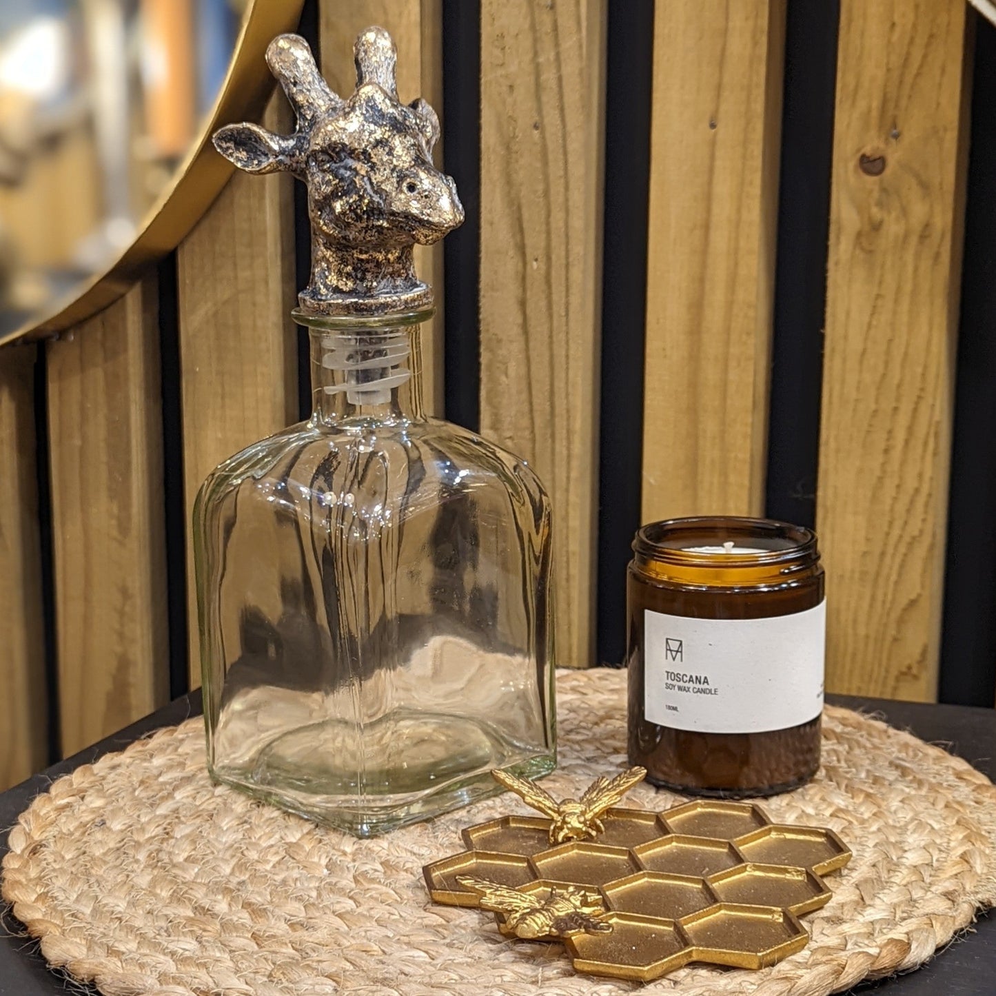 Glass Decanter Bottle with Gold Giraffe Head Stopper