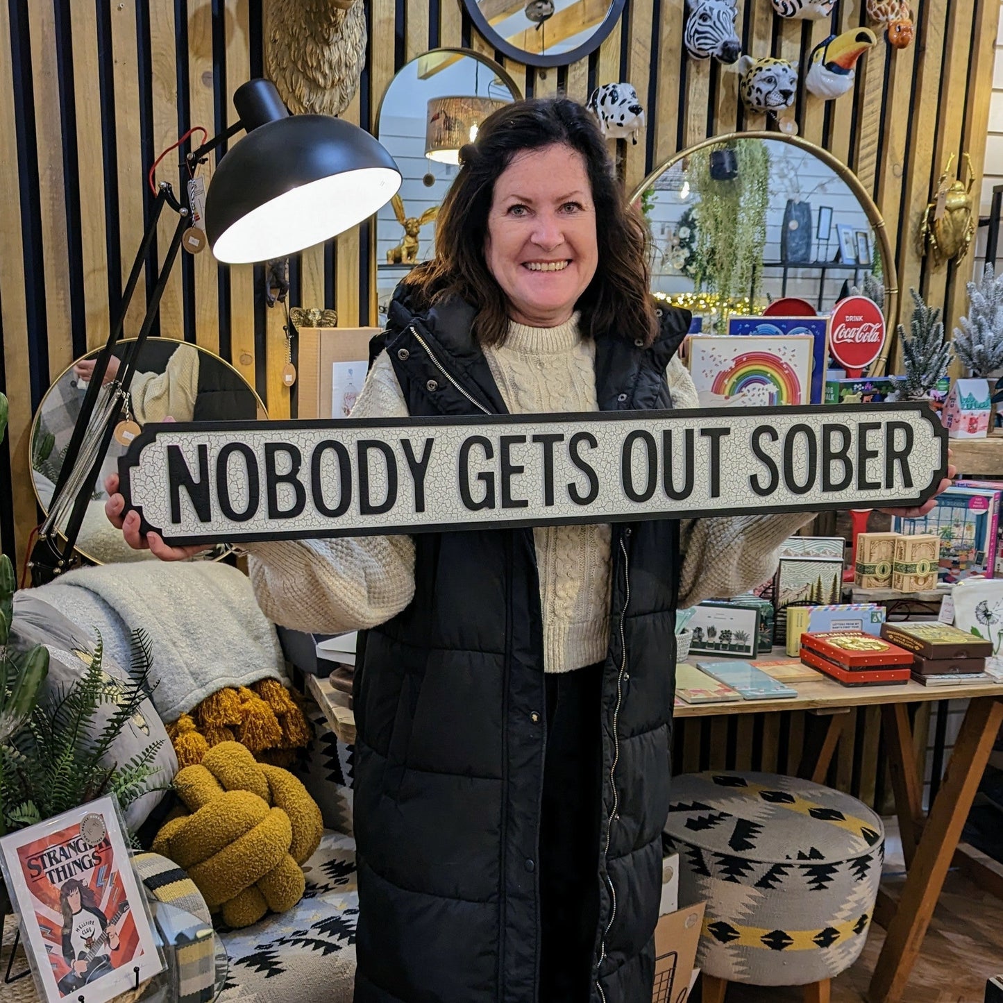 Nobody Gets Out Sober Retro Wooden Wall Sign