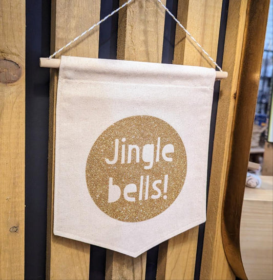 Gold Jingle Bells Canvas Wall Hanging/Pennant