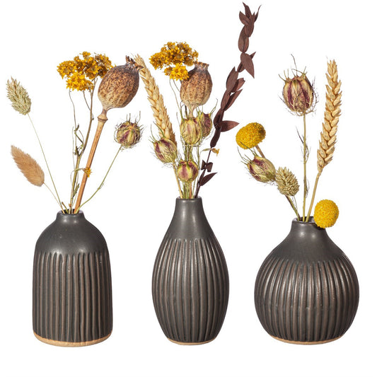 Black Grooved Bud Vases - Set Of 3 - with beautifully dried flowers