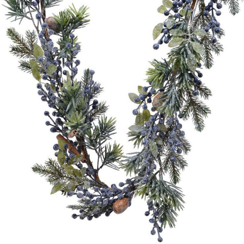 Decorative garland of faux pine and frosted blueberries. 