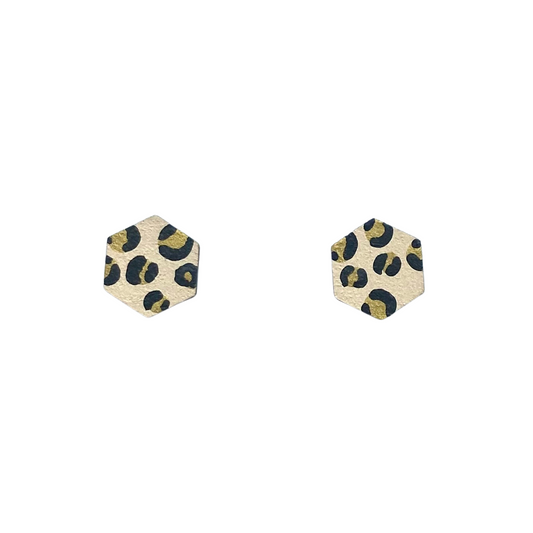 Beige & Gold Leopard Mini Hexagon Studs