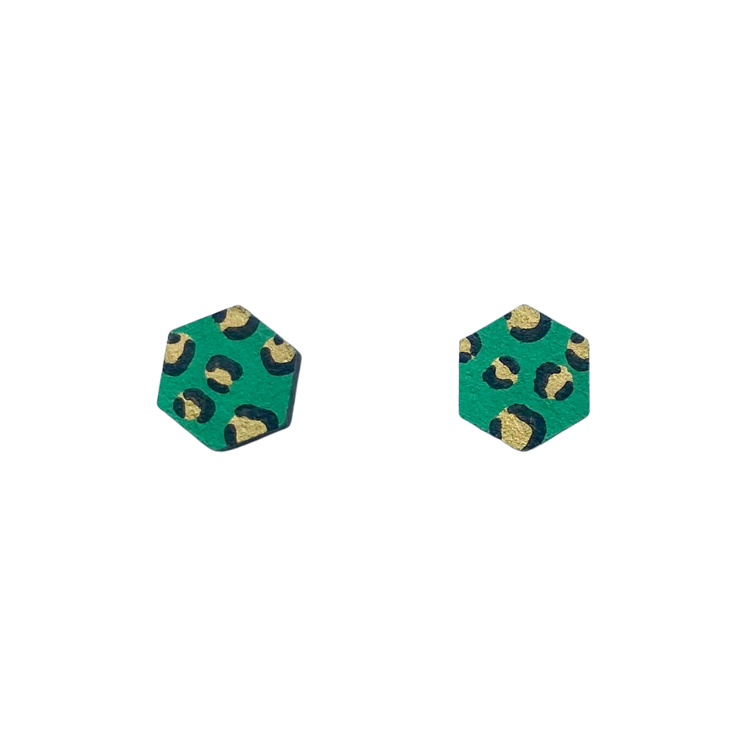 Green & Gold Leopard Mini Hexagon Studs