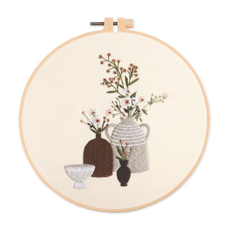 Floral Still Life Beginners Embroidery Kit with Cream Background in natural Colours