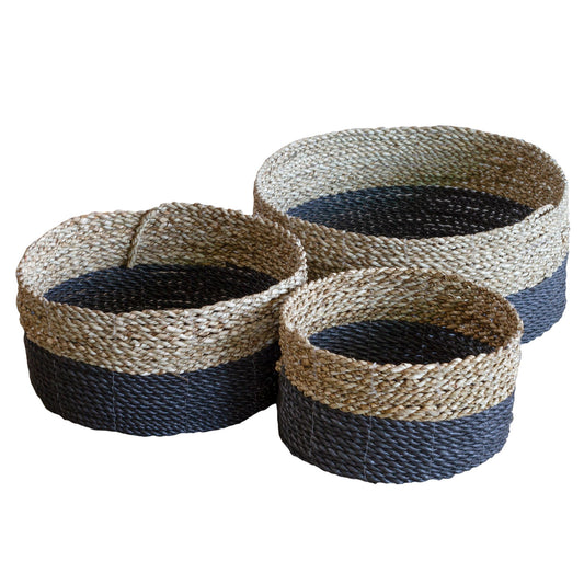 Woven Seagrass Anthracite Grey Flat Storage Baskets